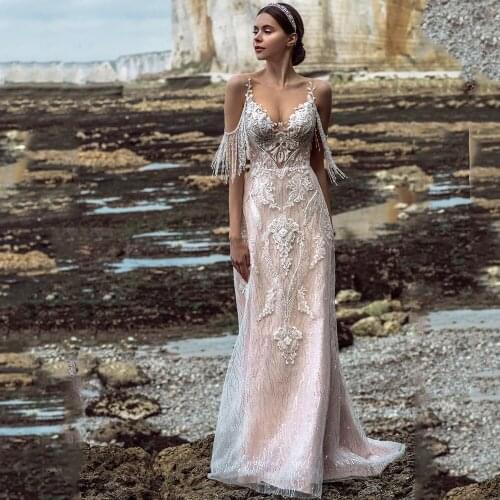 Spaghetti Strap Tassel Mermaid Wedding Dress Beach Court Train Lace Emboridery Illusion Back Bridal Gown Vestidos De Novia