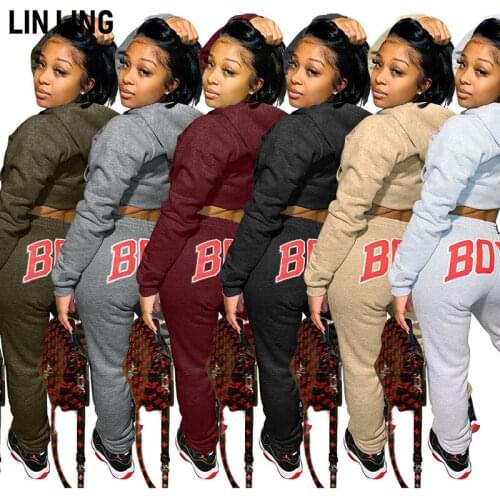 LINLING Winter Warm Solid Color Letter Short Hooded Sweater + Elastic High Waist Trousers Daily Casual Outfits