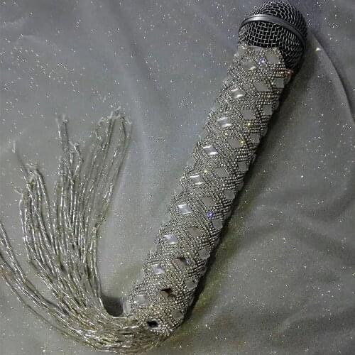 Glisten Diamond Rhinestone Silver Chain Tassel Microphone Decoration Nightclub Style Bar Prom Party Luxury Microphone Accessory