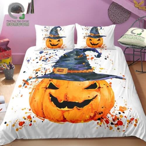 BOMCOM 3D Digital Printing Happy Halloween Watercolor Halloween Pumpkin Smiling Pumpkin Duvet Cover 100% Microfiber White