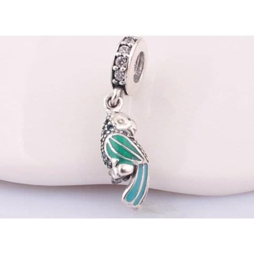 S925 Sterling silver Bead Jewelry Tropical Parrot Dangle Charm fit Pan Bracelet Bangle Teal & Clear CZ