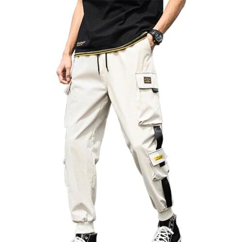 Mens Side Pockets Cargo Pants Ribbons Hip Hop Harem Pants Casual Male Multiple Pockets Solid Loose Joggers Trousers Streetwear