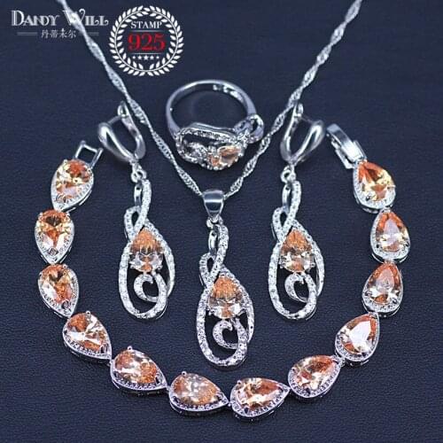 Champagne Zircon silver color Wedding Jewelry Sets Women Charms Bracelets Necklace Pendant Earrings Rings Set With Stones