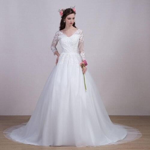 Long V-Neck Beach Wedding Dress Elegant Factory Price Cheap Tulle Low Cut 3/4 Sleeves Appliques Beaded Lace Up Bridal Gown #560