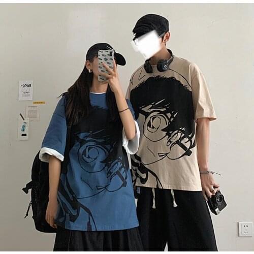 Summer Clothes Mens Round Collar Short Sleeve Outdoors Camping Trekking American Casual Loose Conan Cartoon Printed T-shirt