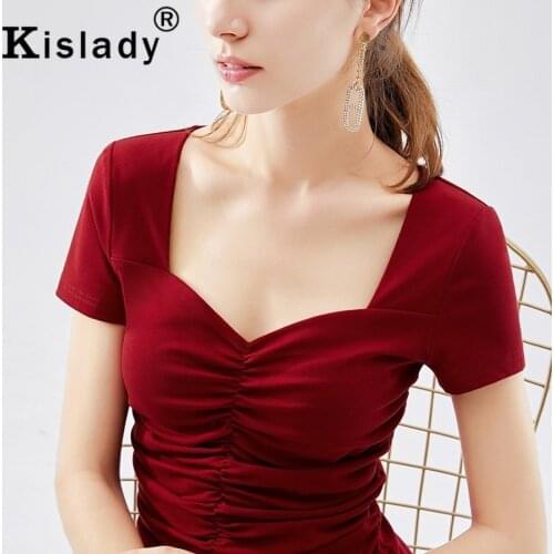 Womens Sexy Pleated Deep V Summer T-shirt Plus Size Black Red Cotton OL Fashion Tops Korean Japanese Tops Streetwear