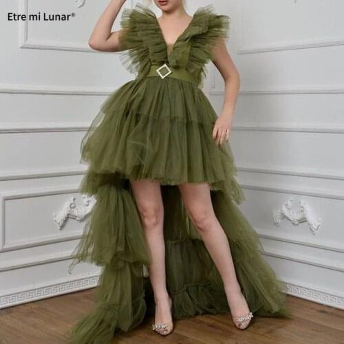 Emerald dress High Low A-Line Evening Dress Dubai 2021 Ruffles Sexy V-neck Tutu Prom Dress Ball Gown Women LE40749