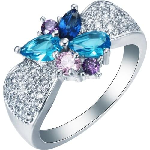 Butterfly silver color ring Jewelry Beautiful Shiny Design Blue purple white zircon for women new luxury Party wedding rings
