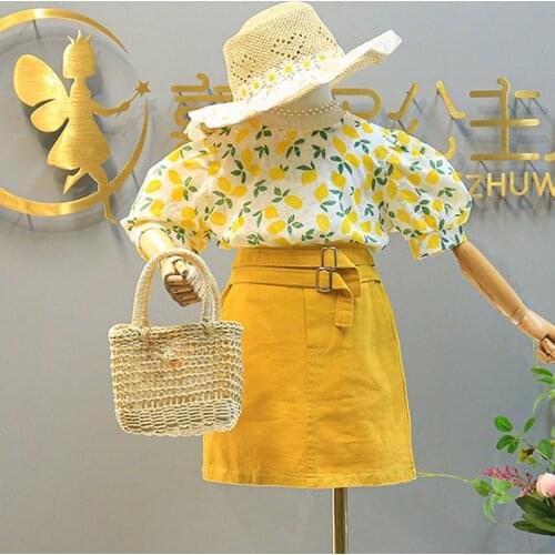 New Fashion Summer Girl Clothing Suit Country Style Floral Puff Sleeve Top + Belt Denim Skirt Two-Piece Suit ChildrenS Clothing