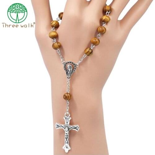 10pcs Round Wood Beads Catholic Rosary Strand Bracelet Unisex Marry Center Pope Rosary Prayer Bracelet Jewelry