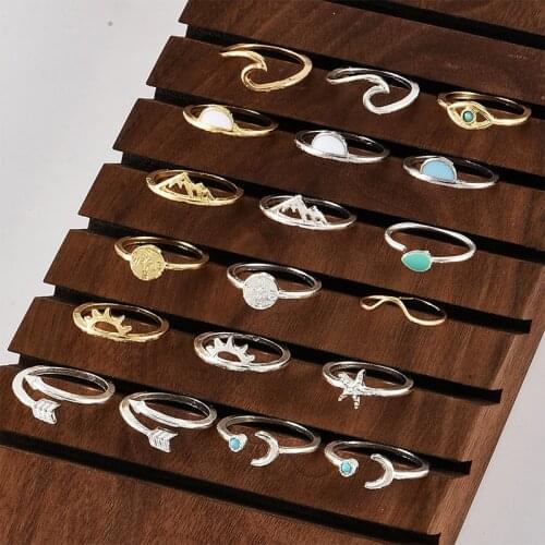 19Pcs/set Double Color Ocean Waves Stone Sun Compass Arrow Ring Set Women Vintage Metallic Fashion Finger Rings