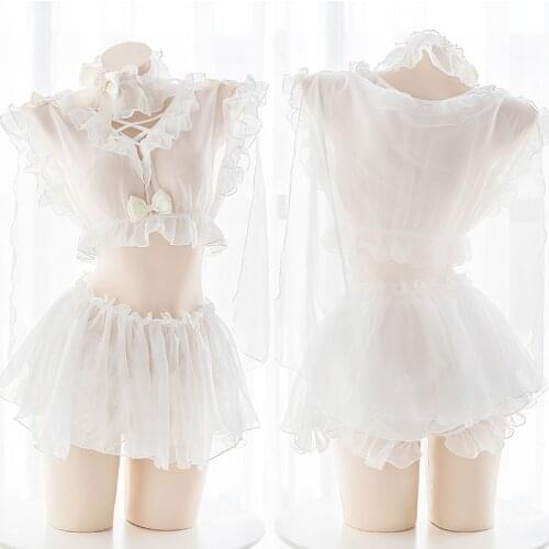 Wholesale Cute Sexy Bow Lace Perspective Lingerie Set Anime Girls Cospaly Sweet Lolita Ruffles Wedding Short Skirt Set Drop Ship