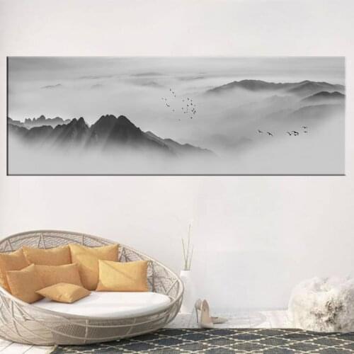Nordic Pictures Mountain Water Canvas Printed Paintings Black White Fog Landscape Poster Living Room Decoration Bedroom Wall Art