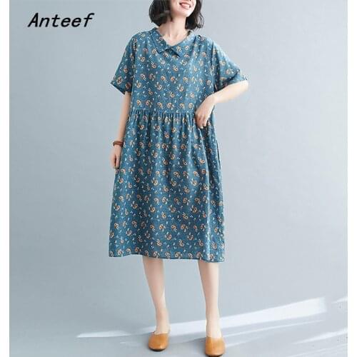 Short sleeve cotton vintage floral dresses for women casual loose midi woman summer dress elegant clothes 2021