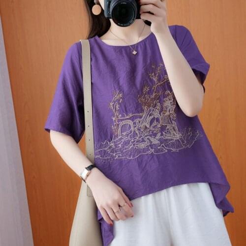 Plus Size Women Summer Cotton Linen T-shirts New 2021 Simple Style Vintage Floral Embroidery Loose Female Casual Tops Tees S3416