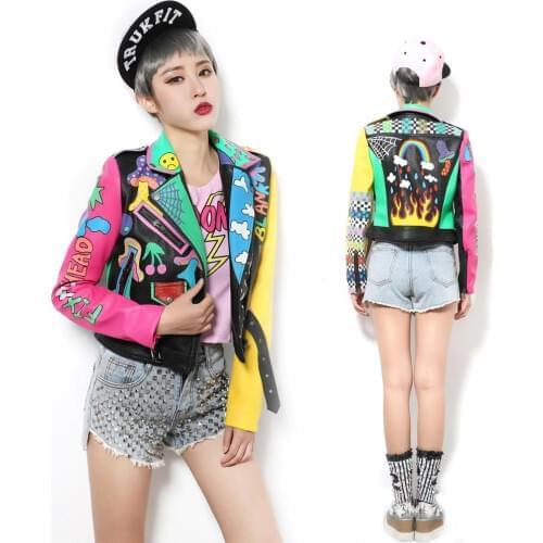 New Crazy style Graffiti Pattern PU Leather for Women Jacket With a Belt and Zippers Woman Motorcycle Short Leather Outwear