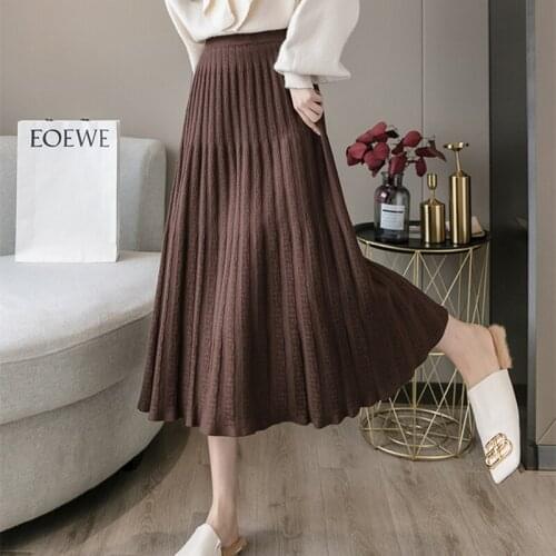 2020 Autumn Winter Women Skirt High Quality Fashion Textured Vertical Stripes Knitted Skirt Elegant Big Hem Slim Long Skirt