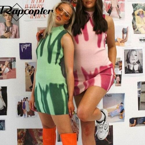 Rapcopter Tie Dye Knitted Sundress Backless Tie Up Mini Dress y2k Vintage Skinny Short Dress 90s Fashion Bodycon Party Holiday