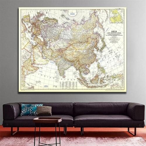 1951 Edition Map of Asia And Adjacent Areas Vinyl Spray Painting Living Room Wall Decor Map For Home/Office Art Crafts