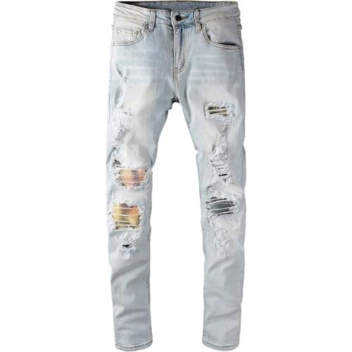2021 New Fashion Streetwear Light Blue Destroyed Slim Fit Ripped Jeans Men Denim Punk Pants Patchwork Designer Hip Hop Jeans