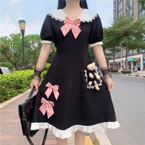 2021 Japanese Cute Bowknot Solid Short Sleeve Lolita Dress Casual Bear Doll Pocket Lace Navy Collar High Waist Soft Girls Dress