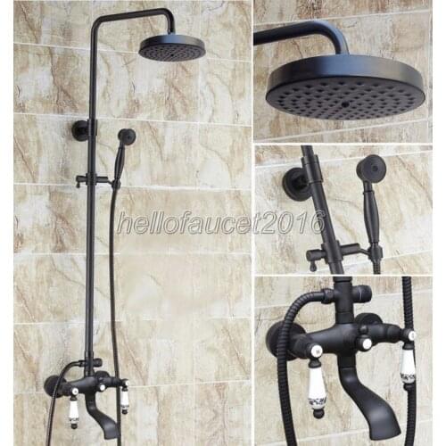 7.7 inch Round Rainfall Shower Heads Black Oil Antique Brass Finish Wall Mounted Rain Shower Faucet Set Bathtub Mixer Tap lhg127