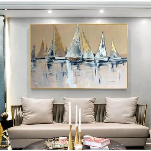 Abstract Gold Color Sailing Canvas Paintings on the Wall Art Posters and Prints Seascape Modern Art Pictures For Living Room