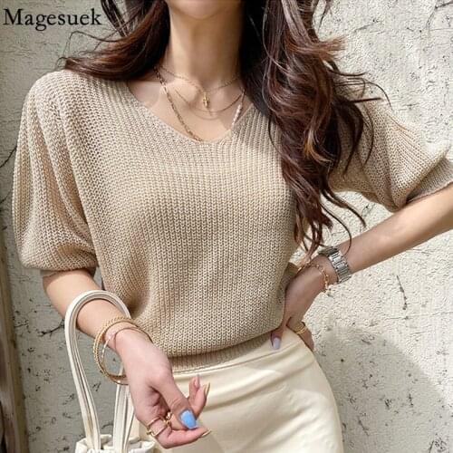 Hollow Out V-neck Knitted T-shirt Sweater Summer Simple Japanese Style Tops Beige Short Sleeve Loose Casual Blouse Blusas 15683