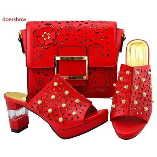 Doershow fashion red Matching Shoes and Bags Italian In Women Nigerian Party Shoe and Bag Sets Women Shoes and Bag Set!SJZS1-44