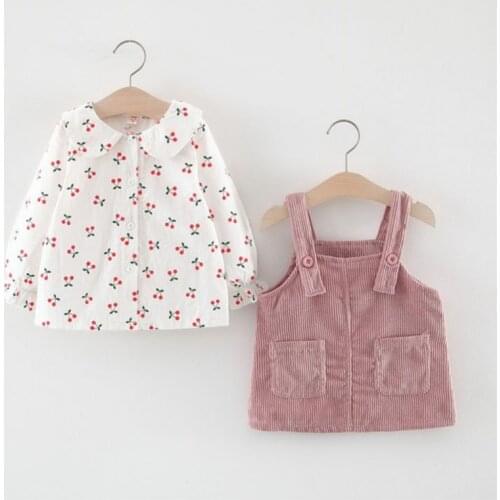 Kid Baby Girls Doll Collar Cartoon Cherry Print Long-sleeved T-shirt Top + Corduroy Strap Dress Childrens Sets