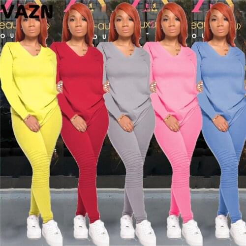 VAZN Hot sale 2020 early autumn sexy lady 5 colors 2-piece long set full sleeve V-neck tees skinny pants set young casual sets