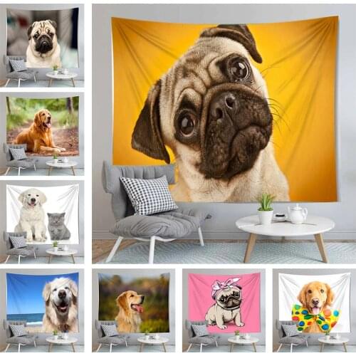 LEVOO Lovely Dog Tapestry Pug Golden Retriever Cat Wall Hanging Living Room Decoration Accessories Beach Mat Wall Carpet