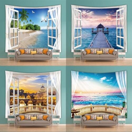 Window Sill Sea View Tapestry Landscape Wall Tapestry Multifunction Home Tapestry Background Decor Wall Cloth Dorm Wall Decor