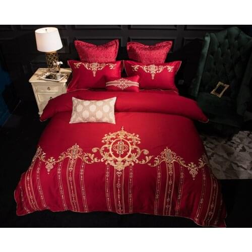 New Soft red Chinese Wedding Embroidery Luxury Egyptian Cotton Bedding set 4Pcs Queen King size Duvet cover Bed sheet set Gifts
