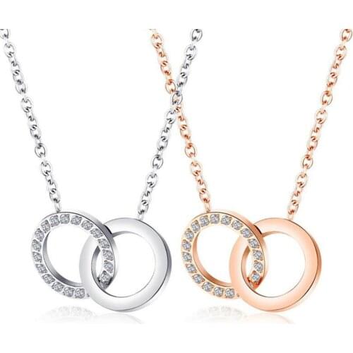 Stainless Steel Double Crystal Round Circle Pendant Necklace Rose Gold Zircon Stone Lovers Jewelry Gift For Him