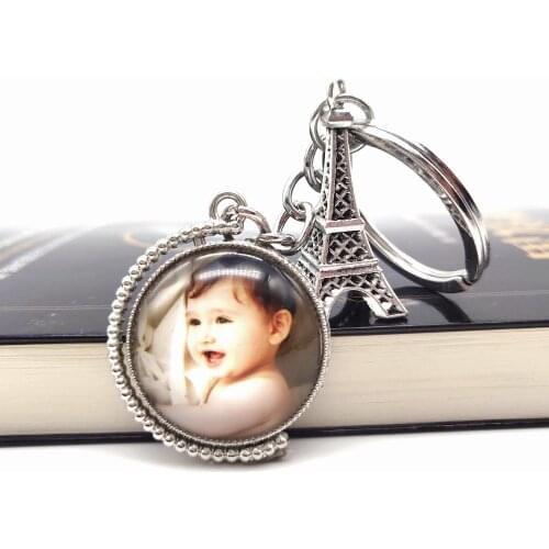 Personalized picture Custom Keychain Rotatable Double sided Glass Cabochon Photo Eiffel Tower Charm Memorial Key Chain
