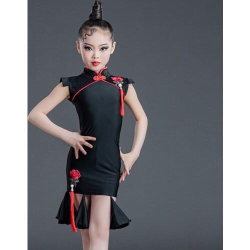 Black Cheongsam Latin Dance Dress Girls Performance Costume Children Cha Cha Samba Rumba Practice Dress Training Clothes BL6925