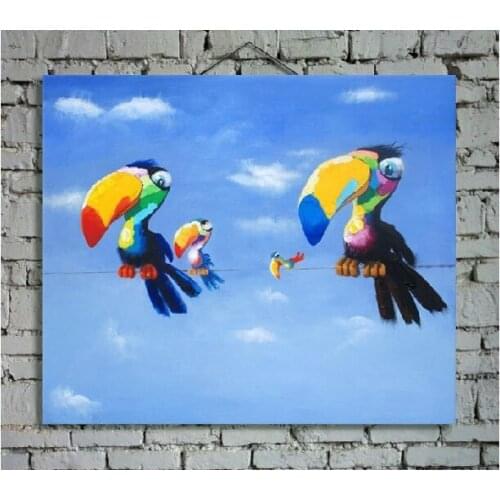 Hand Painted Cartoon Painting Canvas Picture Abstract Decorative Canvas Bird Toucan Family on Wire Animal Oil Painting Dropship