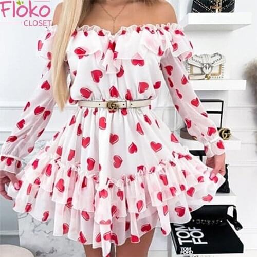 Flokocloset Sexy Off Shoulder Long Sleeve Mesh Mini Dress Autumn Slash Neck Print Party A-LINE Dresses