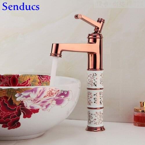 Senducs Rose Gold Bathroom Faucet Deck Mounted Brass Basin Sink Facuet European Ceramic Rose Gold Bathroom Basin Mixer Tap