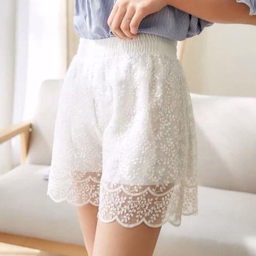 Elastic High Waist Summer Shorts Women Lace Wide Leg Shorts Vintage Female White Lolita Princess Sweet Casual Ladies Shorts