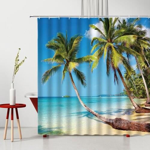 Shower Curtain Tropical Palm Leaf Ocean Natural Scenery 3D Printing Waterproof Bathtub Decor Screen Bath Curtains Set With Hooks
