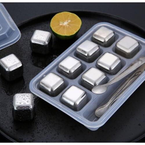 WOFU Direct Shipping 8pcs/Set Stainless Steel Reusable Whiskey Vodka Wine Beer Ice Cubes Chilling Cooling Stones with Tongs
