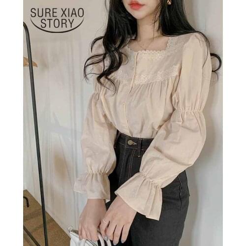 2021 Spring Lace Blouse Women Solid Cardigan Sweet Shirts Vintage Tops Slim Long Puff Sleeve Square Collar Fashion Blusas 11200