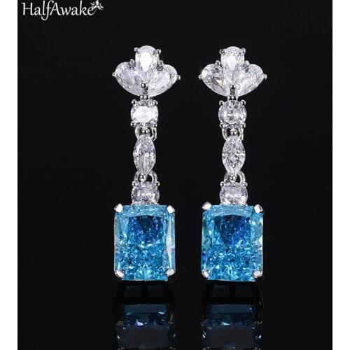 S925 Whole Body Silver Hot Sale High Carbon Diamond Radiant Cut Aquamarine Earrings Main Stone 8*10 Women Earrings For Gift Part
