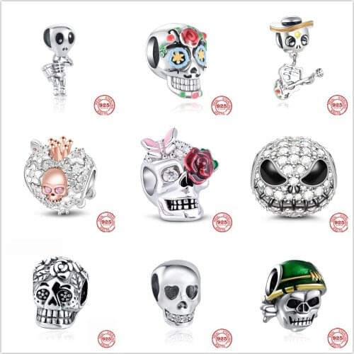 Hot sale 100% 925 Sterling Silver Stones Skull Charm Fit Original Pandora Bracelet Making DIY Fashion Jewelry For Women