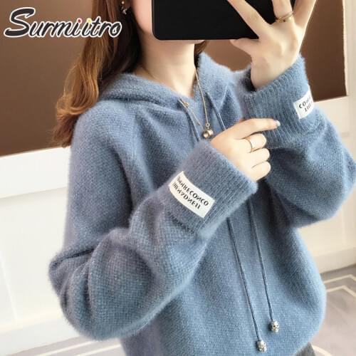 Surmiitro Knitted Hoodies Women 2021 Autumn Winter Korean Kpop Long Sleeve Hooded Sweatshirt Female Pullover Blue Knitwear