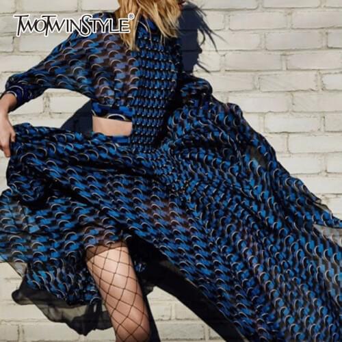 TWOTWINSTYLE Patchwork Dress For Women Print Stand Collar Tunic High Waist Ruched Long Dresses 2020 Spring Elegant Clothing