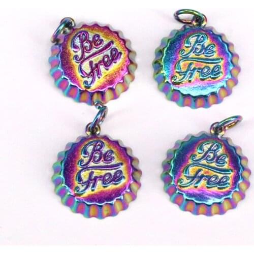 10Pcs, 15mm Rainbow Enamel Be Free Word On Bottle Cap Shape Pendant,Gold Enamel Charm, Necklace Bracelet Charm Pendant