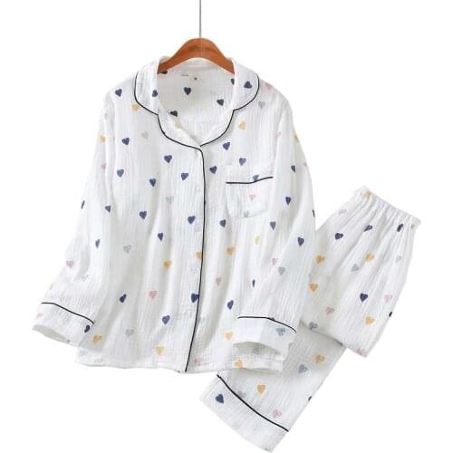 100% Gauze Cotton Korean Style Women Simple Pajamas Set Cute Heart Printed Turn-down Collar Ladies Sleepwear For Spring & Autumn